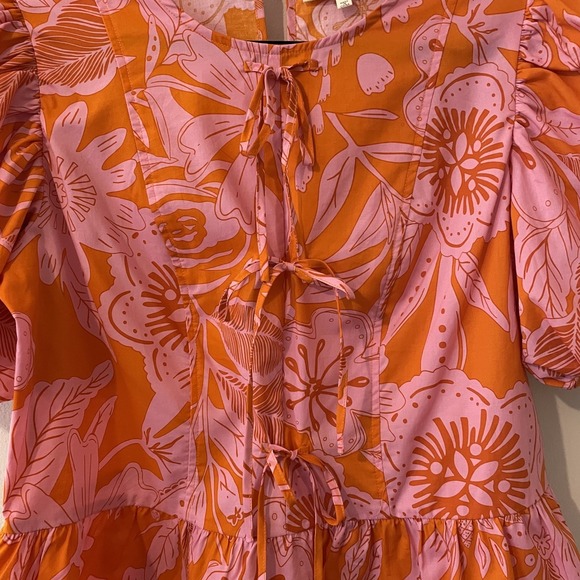 Melloday Floral Tie Front Top Pink Orange Size S Puff Sleeve Ruffles Boho Preppy - Picture 5 of 8